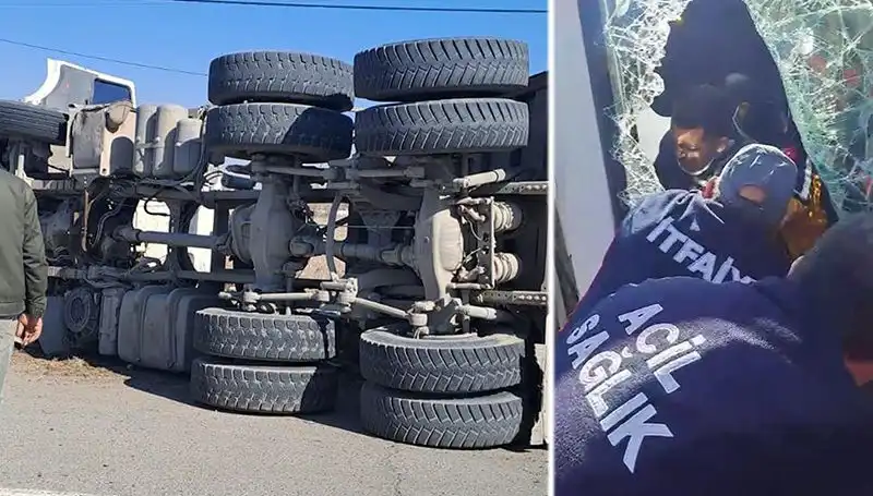 Virajda Kontrolünü Kaybeden Kamyon Devrildi: Olay Yeri Korku Dolu Anlara Sahne Oldu